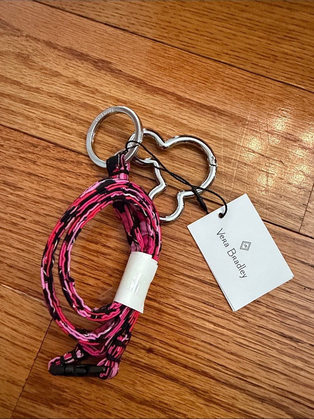 Vera Bradley Pink & Black Printed Lanyard Key Ring with Silver Hardware